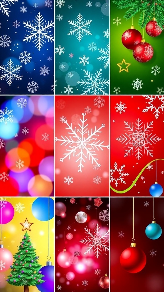Festive Christmas Wallpaper Collection A selection of colorful Christmas wallpapers featuring festive designs like snowflakes and Christmas trees.